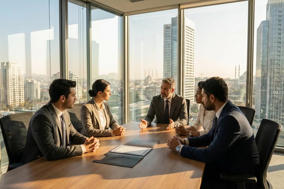 Modern bir ofiste çalışan profesyoneller ve Türk bayrağı detayı